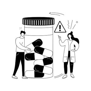 Dibujo con dos personas junto a una caja de pastillas dónde una le indica advertencias a la otra representando los posibles efectos secundarios del Retrovil